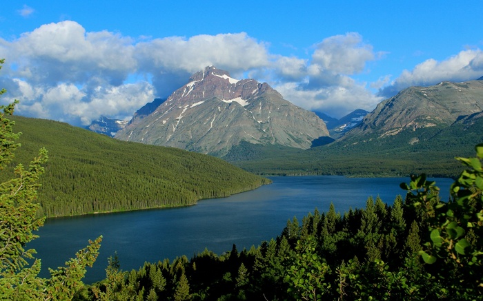 Lake and mountains with pine forest under blue sky