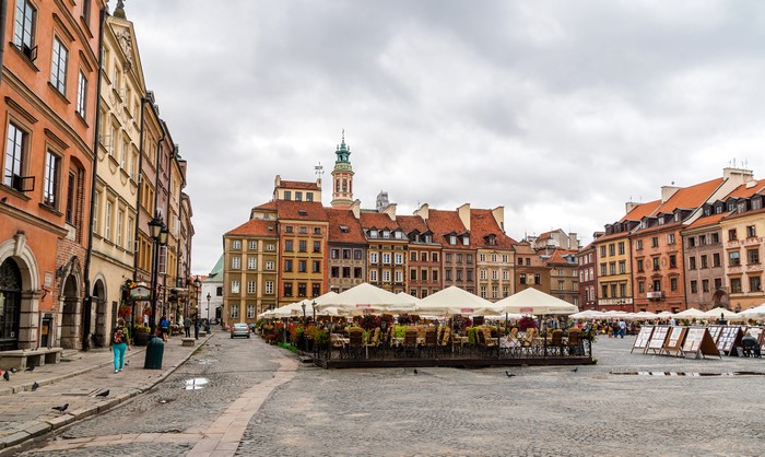 Old Town Square in Warsaw, Poland with outdoor cafes