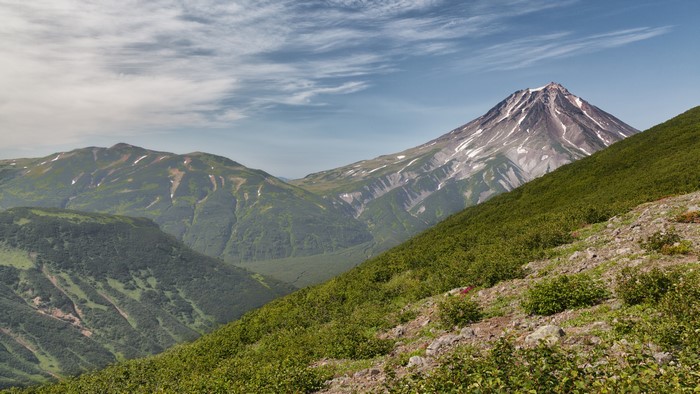 Mountains and shrubs on Kamchatka Peninsula, Russia