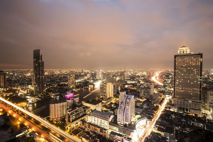 Bangkok cityscape at night with Chao Phraya River