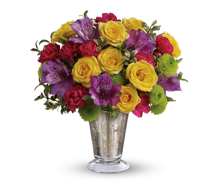Yellow Roses, Purple Alstroemeria, and Red Carnations in a Vase