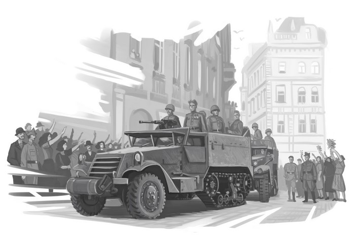Military parade with soldiers in a half-track vehicle