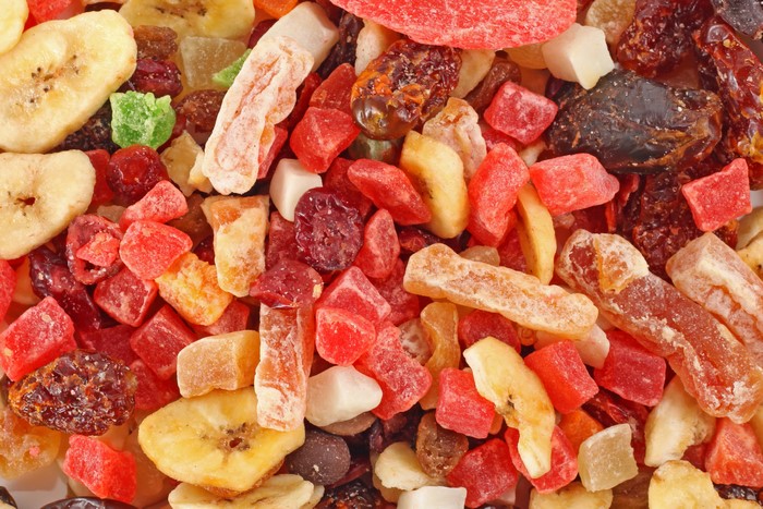 Closeup of a pile of mixed dried fruits