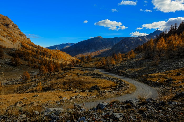 Autumn road through the Alps in France