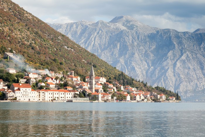 Perast, Montenegro: Houses on the Coast with Mountains and Sea