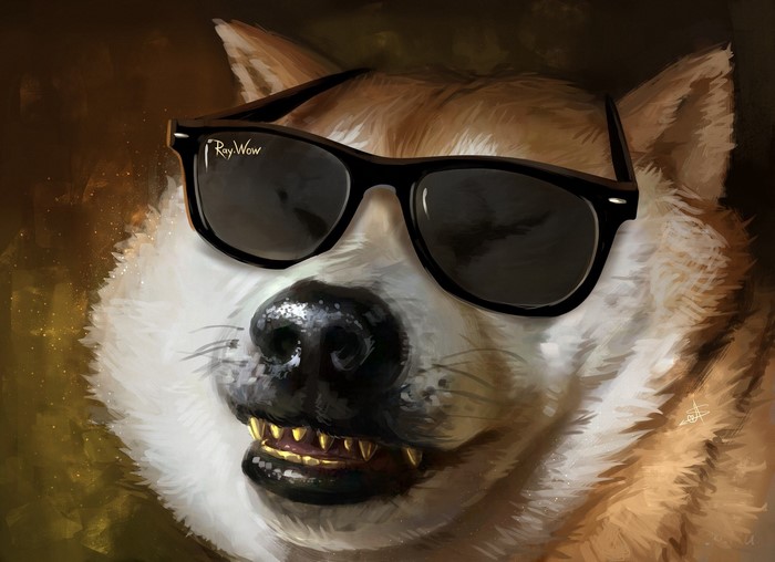 Dog wearing Ray-Wow sunglasses with gold teeth