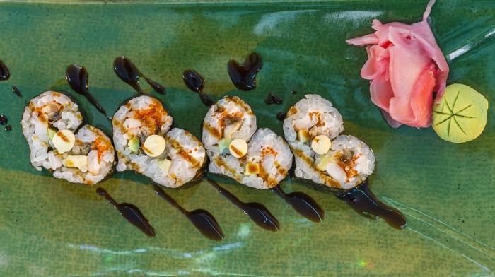 Heart-shaped sushi with ginger and wasabi