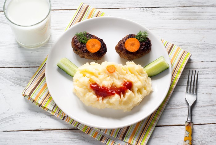 Kid's Meal: Meat patties, mashed potatoes, cucumber, and milk