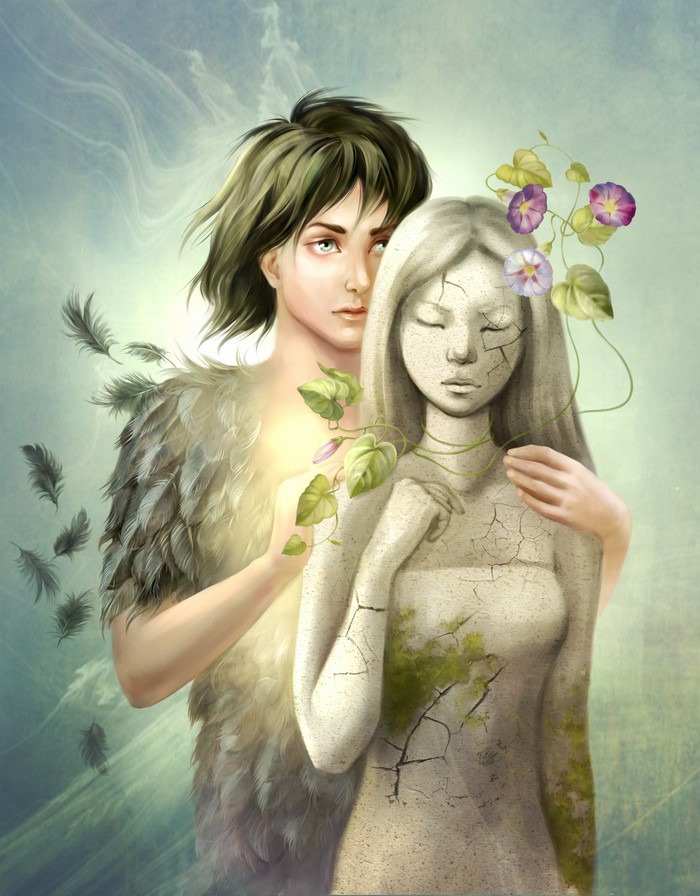 A person with wings embraces a stone statue entwined with flowers