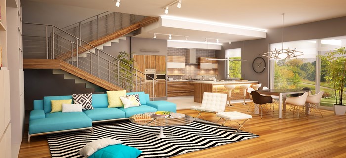 Modern living room with open-plan kitchen and dining area