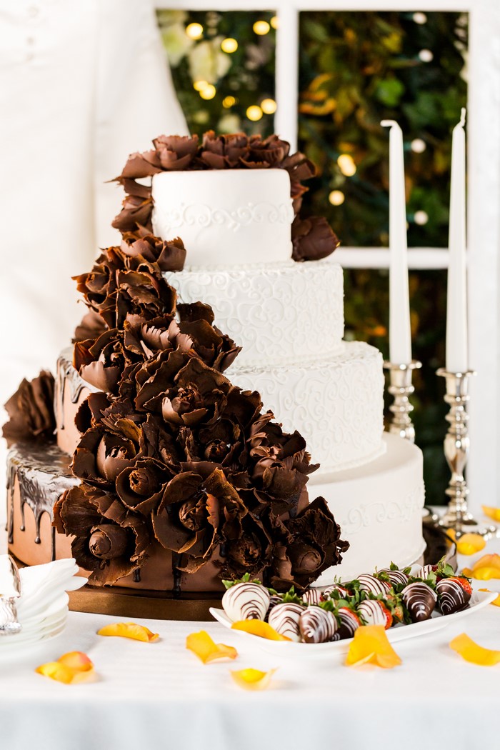 Chocolate and White Tiered Wedding Cake with Strawberries