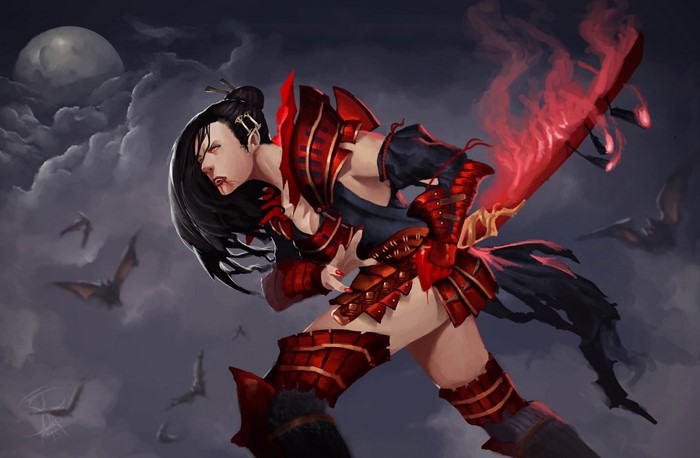 Vampire Samurai with glowing sword and bats