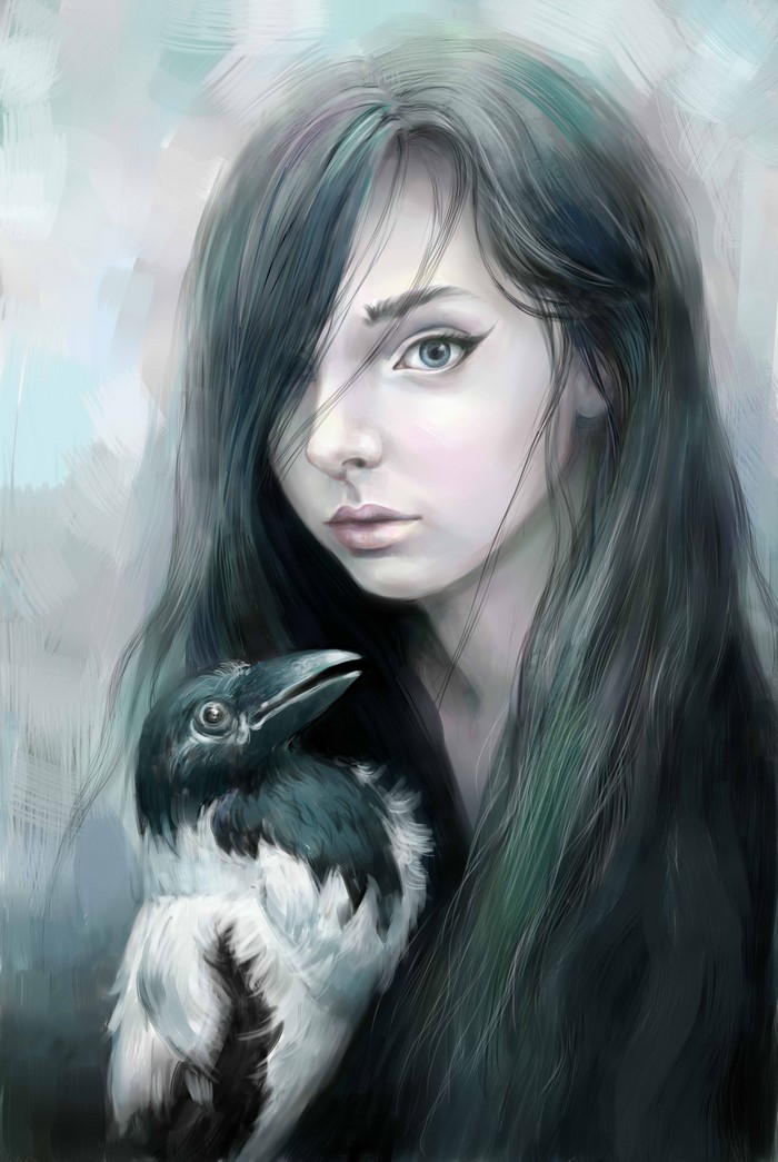 Painting of a Girl with a Crow