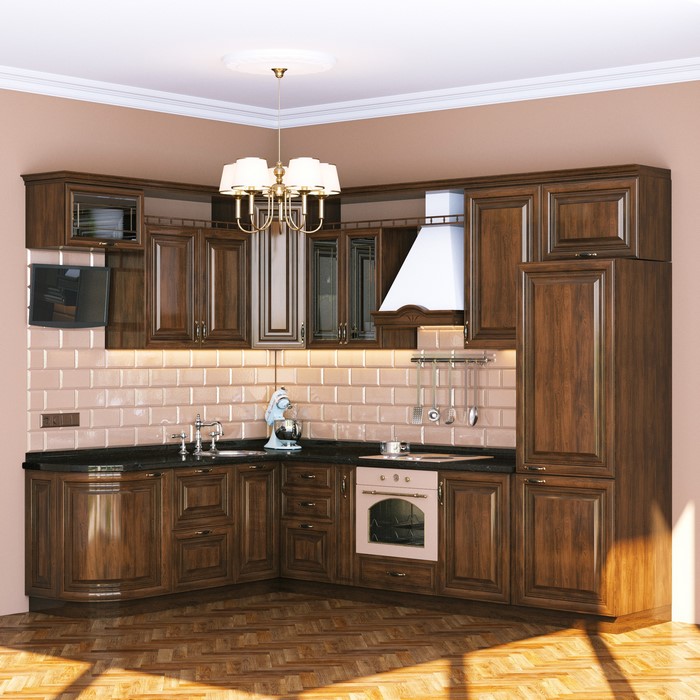 Corner Kitchen with Dark Wood Cabinets and Chandelier