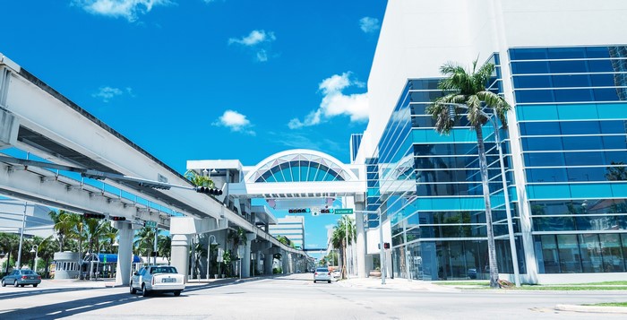 Miami Metromover track and modern buildings