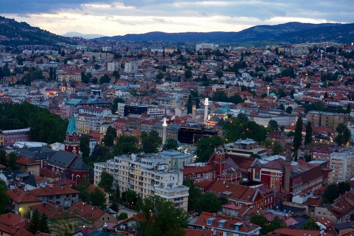 Sarajevo, Bosnia and Herzegovina cityscape at dusk
