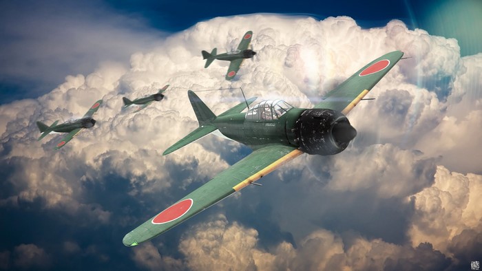 Japanese Mitsubishi A6M5 Zero fighter planes flying through clouds
