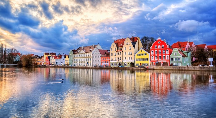 Colorful buildings on a river in Landshut, Germany