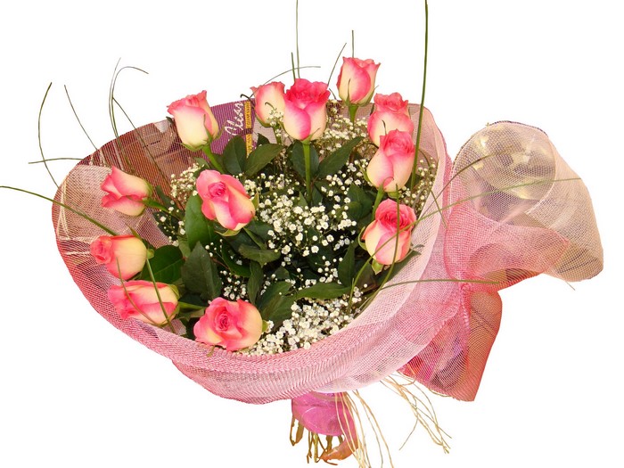 Bouquet of pink and white roses with baby's breath