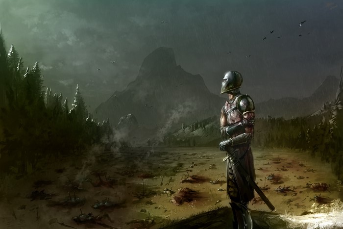 Knight standing on a battlefield with dead bodies