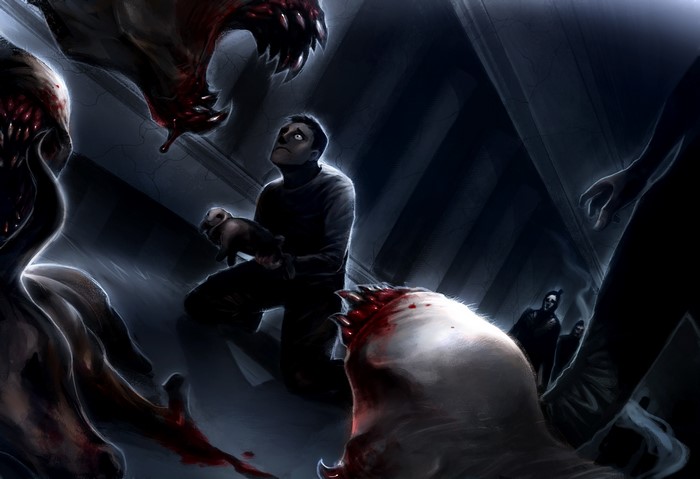 Man holding a stuffed animal surrounded by monsters