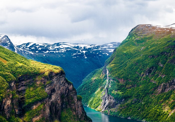 Geiranger Fjord, Norway, Mountains with Snow and Waterfalls