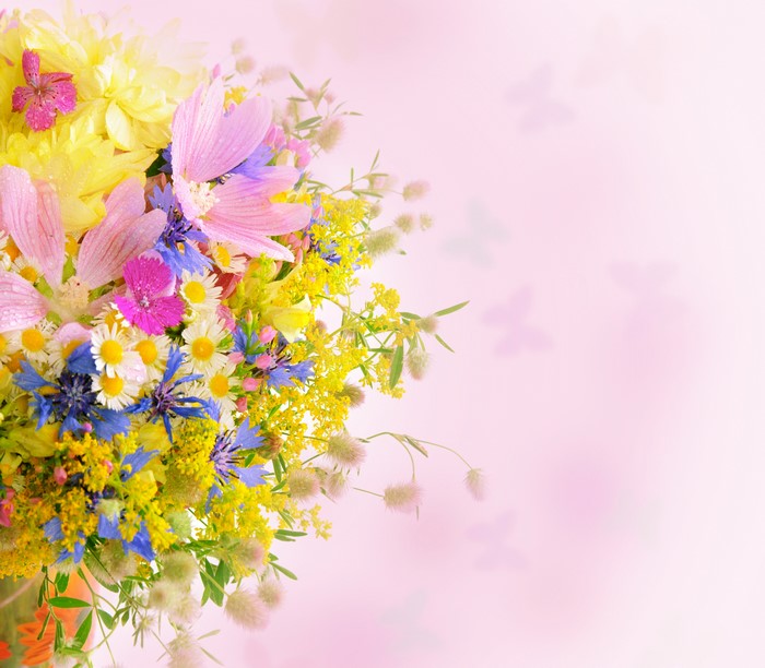 Bouquet of wildflowers with pink butterflies