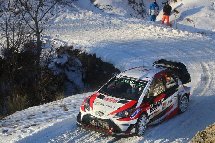 Toyota Yaris WRC rally car on a snowy road