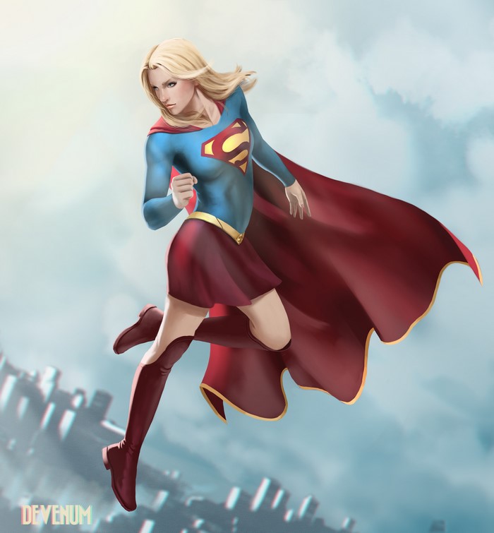Supergirl flying over a city