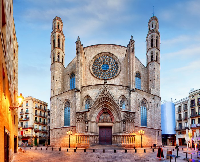 Santa Maria del Mar church in Barcelona, Spain at evening