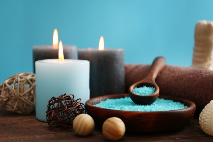 Spa candles, bath salts, and decorative balls
