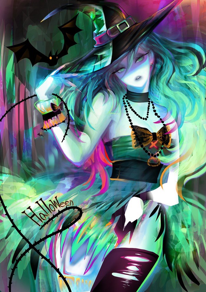 Halloween Witch with Bats and Spooky Forest