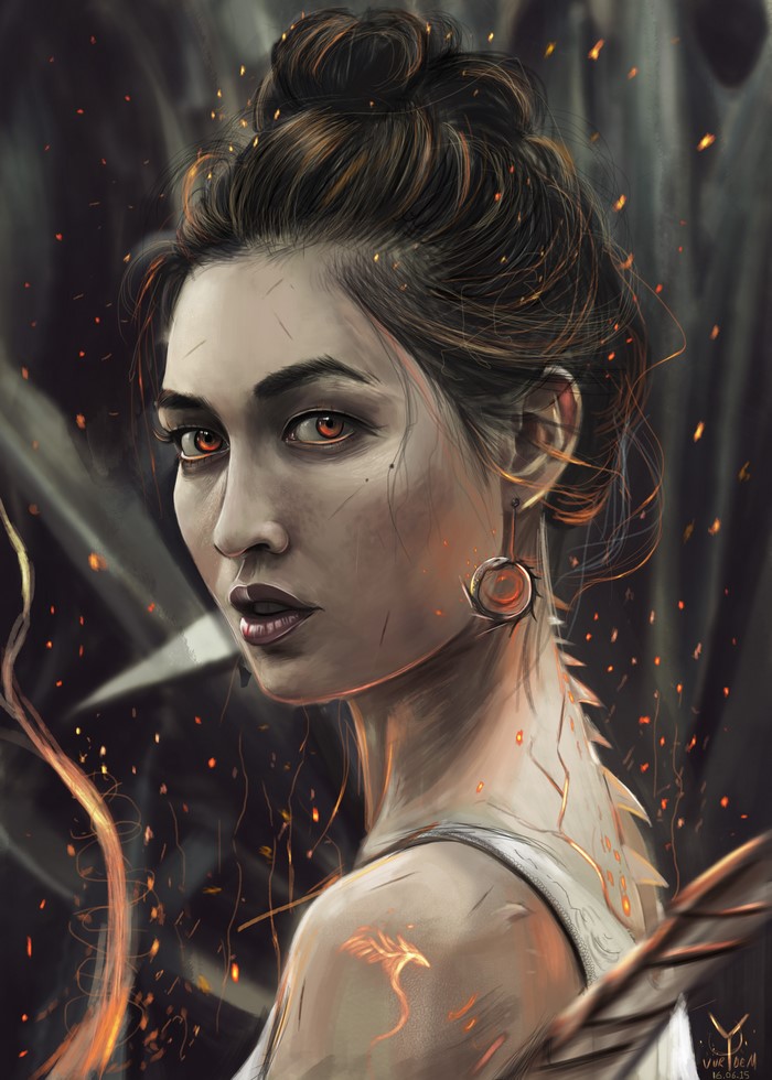 Woman with fiery eyes and markings