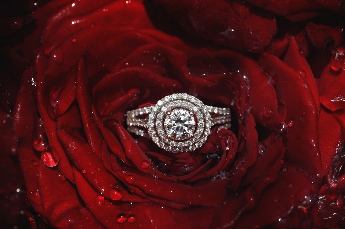 Diamond ring nestled in a red rose with water droplets