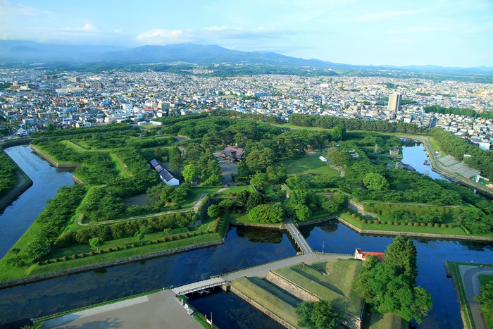 4K Aerial View of Hakodate Goryokaku Park-Fort, Japan