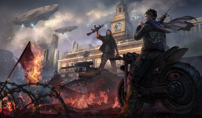 Revolutionary scene with soldiers and vehicles