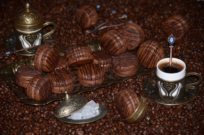 Chocolate cookies with coffee and Turkish coffee cup