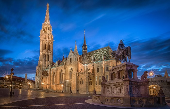 Matthias Church and Fisherman's Bastion in Budapest at dusk