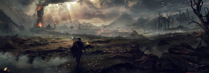 Warrior in a desolate landscape with a burning tower