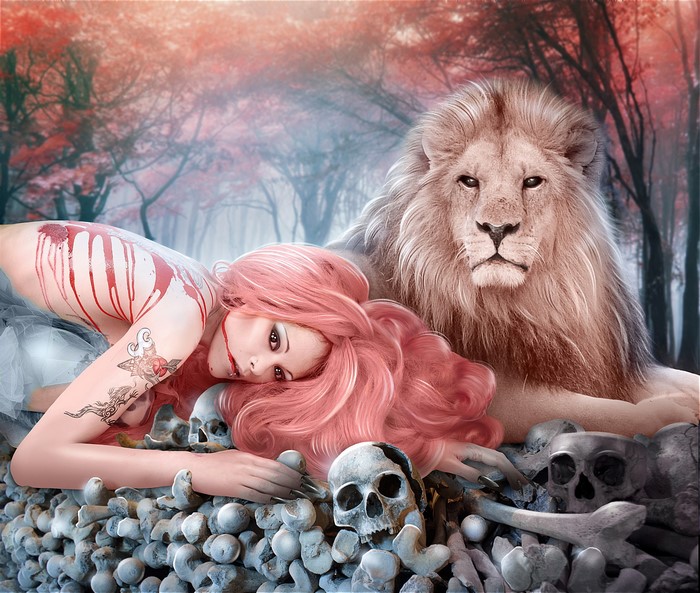 Woman covered in blood with a lion and skulls