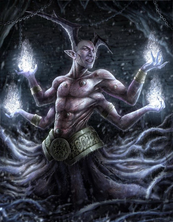 Four-armed demon conjuring magic with glowing hands