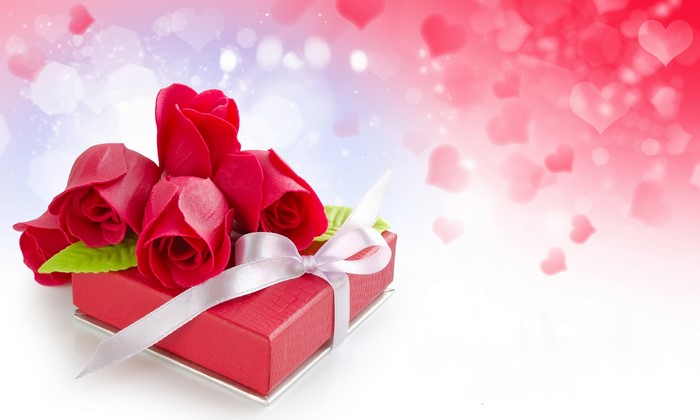 Red Roses and Gift Box with Hearts Background