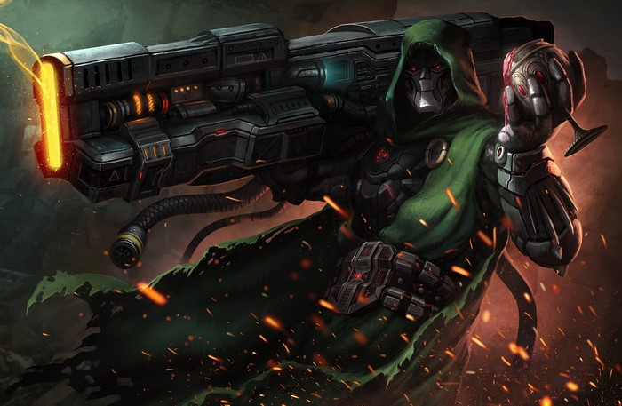 Doctor Doom with a large weapon and a goblet