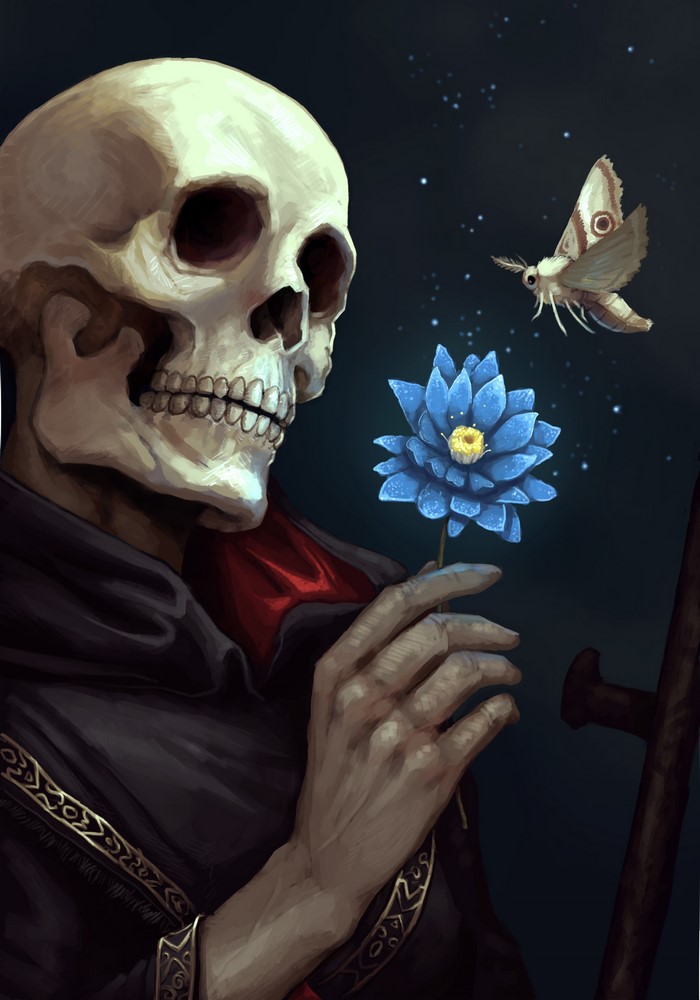 Grim Reaper holding a blue flower with a moth