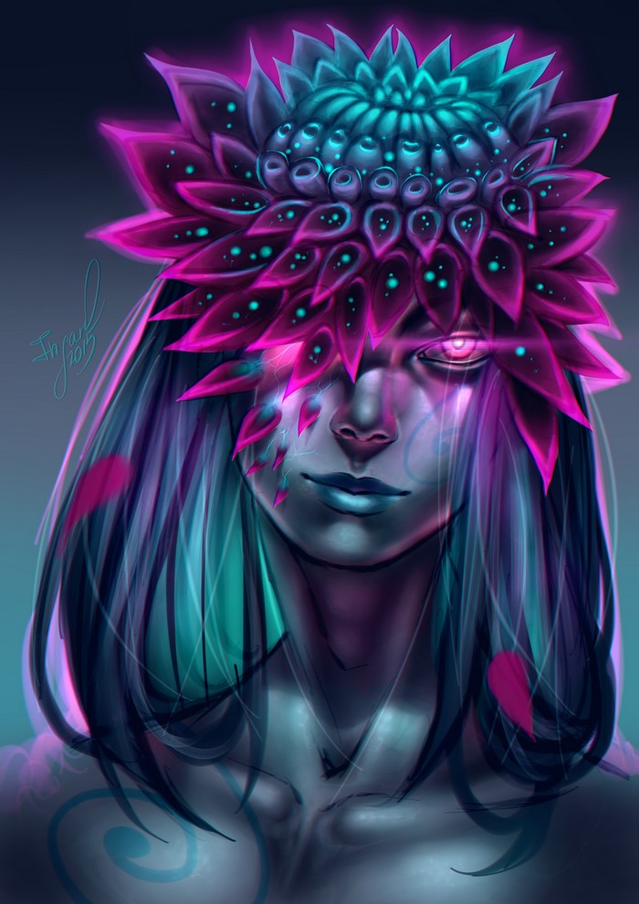 Person with glowing flower crown and dark hair