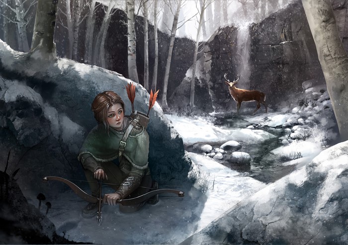 Archer hunting a deer in a snowy forest