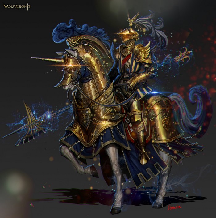 Golden Knight on a Unicorn Horse