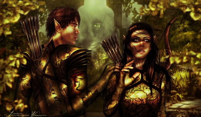 Two elves with bows and arrows in a forest