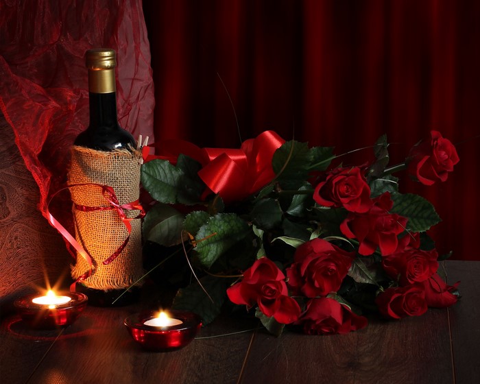 Bottle of Wine, Red Roses, and Candles