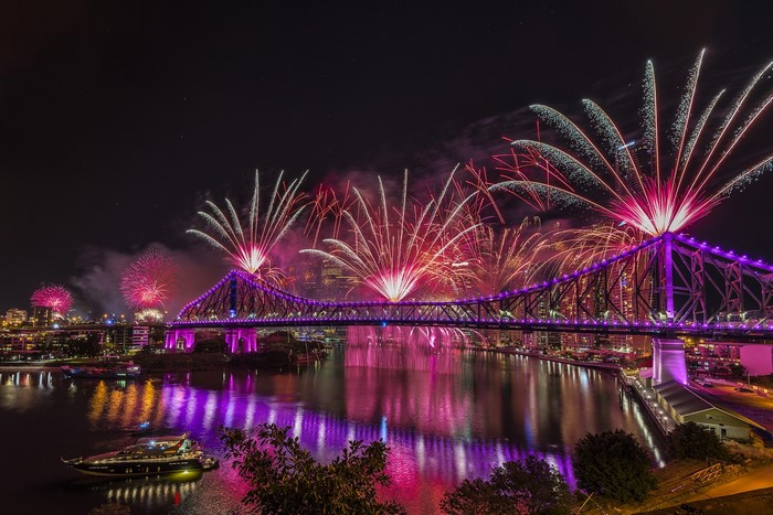 Fireworks over Story Bridge in Brisbane at night